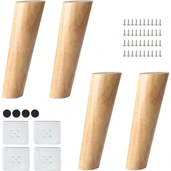 8 inch / 20 cm Wooden Furniture Legs, Set of 4 Solid Wood Oblique Conical Furniture Replacement Feet with Mounting Plate & Screws (FMY)