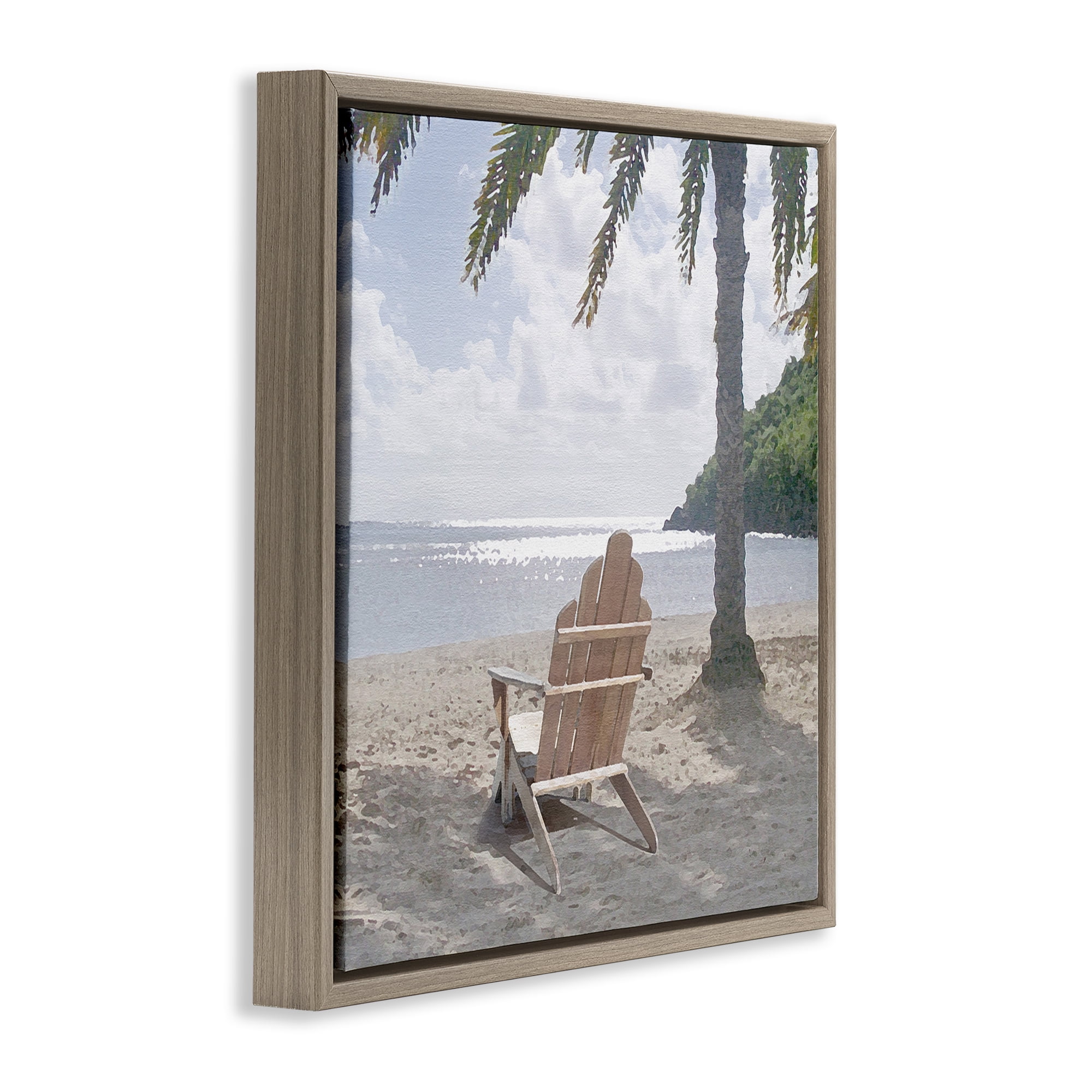 Stupell Industries Chair Under Palm Tree Coastal Photography Brown Floater Framed Canvas Art Print Wall Art, 18 x 18