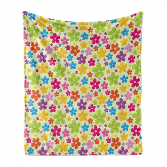 Colorful Soft Flannel Fleece Throw Blanket, Sixties Inspired Colorful Flowers Hippie Motifs Flourishing Nature Illustration, Cozy Plush for Indoor and Outdoor Use, 50" x 60", Multicolor, by Ambesonne