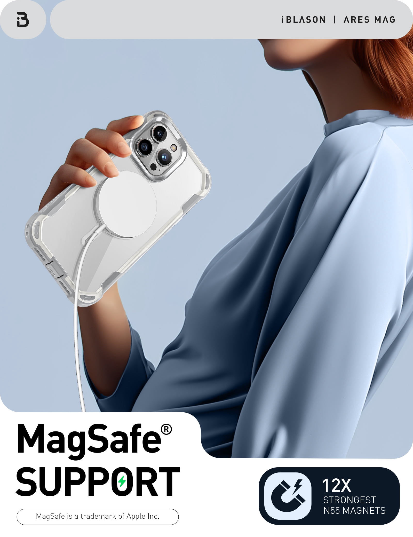 i-Blason Ares Mag for iPhone 15 Pro Max Case [6.7 inch] with Screen Protector, [Compatible with MagSafe] Clear Slim Full-Body Shockproof Rugged Bumper Case (White)