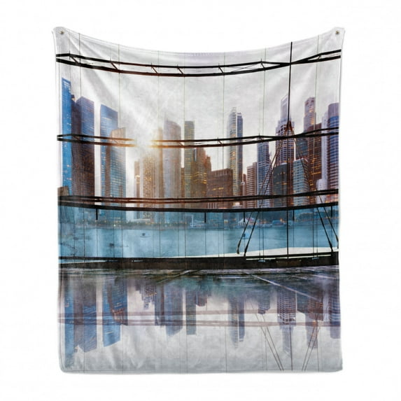 Modern Soft Flannel Fleece Blanket, Scenery of Modern Futuristic Metropolitan City with Skyscrapers Print, Cozy Plush for Indoor and Outdoor Use, 60" x 80", Sky Blue Black and White, by Ambesonne