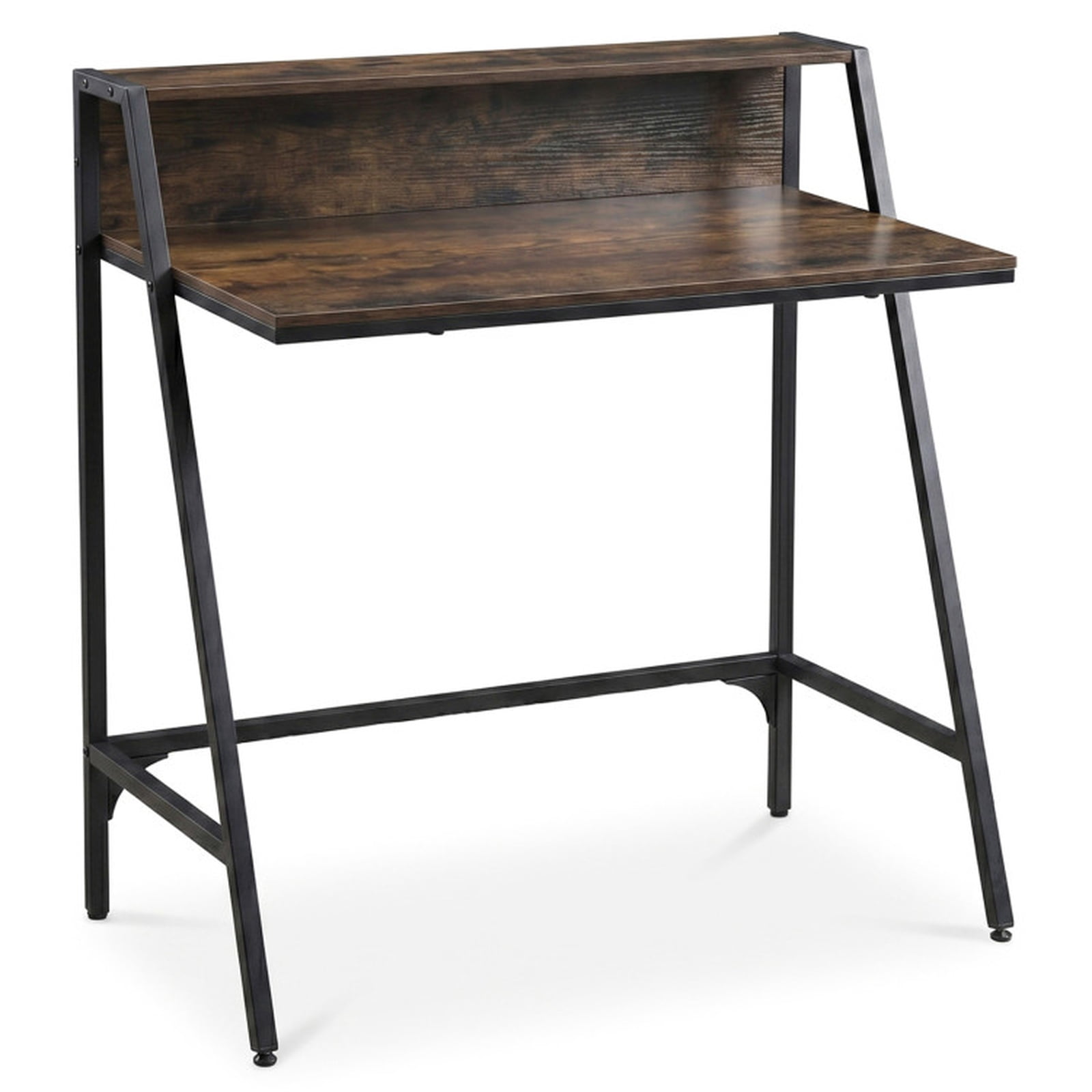Furnibear Small Desk 31.5 Inch Industrial Writing Desk with Raised Shelf and Metal Frame, Space-Saving Home Office Computer Desk, Rustic Brown
