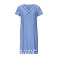 thumbnail image 3 of Robes pour Femmes 2024 Été Oversize Coton Coton Lin Couleur Unie à Empiècements Dentelle Hydrosoluble Robe à Manches Courtes Col en V Longueur Genou Robe Rabais de 50 % Liquidation!, 3 of 5
