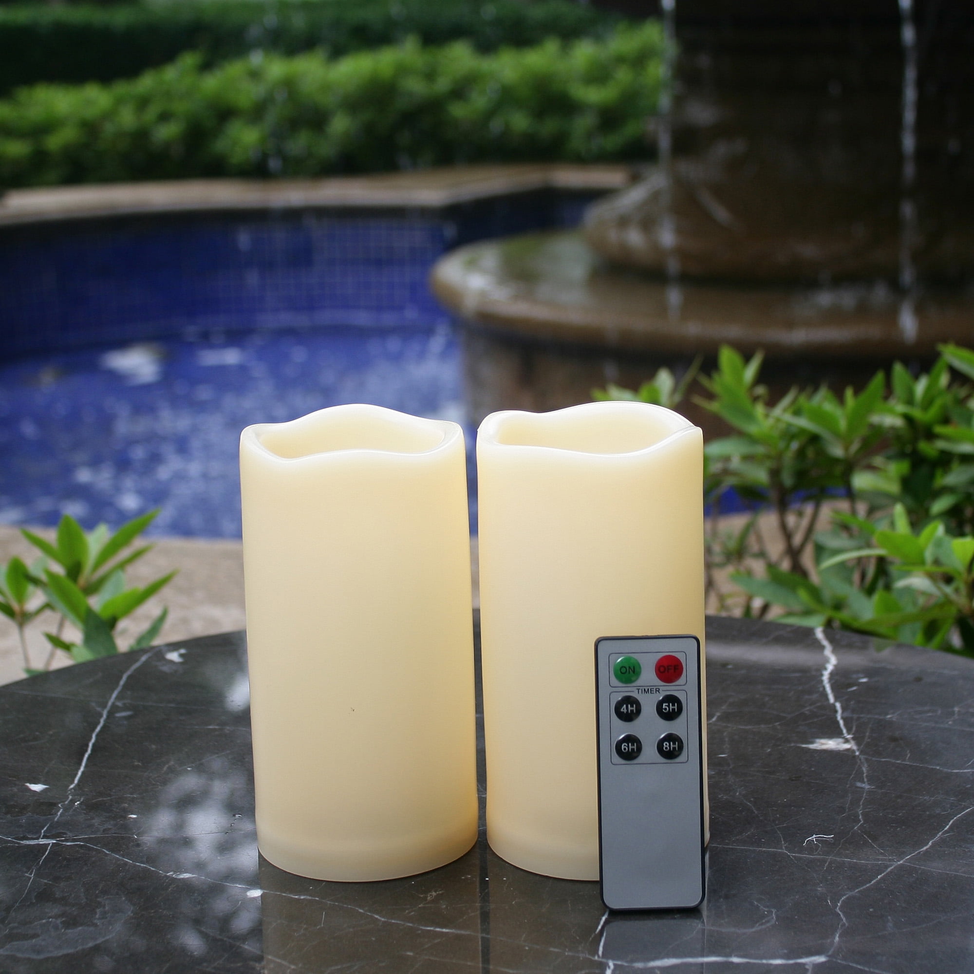3 Waterproof Outdoor Battery Operated Flameless LED Pillar Candle with Timer Flickering Plastic Resin Electric Decorative Light for Lantern Patio Garden Home Decor Party Wedding Decorations 3x4 Inches 