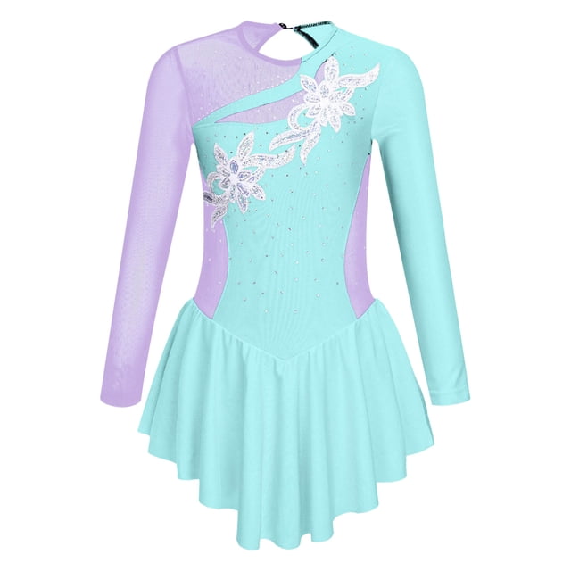 Sxiwei Justaucorps de Ballet à Manches Longues pour Filles, Dos Creux, Strass, Sequins, Rouleau, Bleu Clair 6