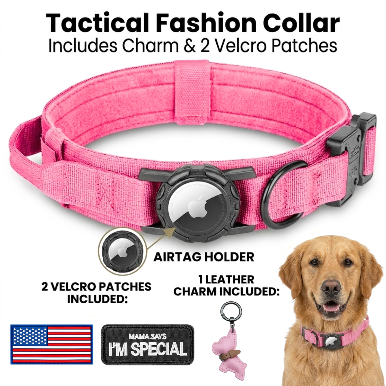 WAAYEEPAL Heavy Duty Tactical AirTag Dog Collar & Leash Set, Adjustable AirTag Holder Collar for Medium Large Dogs, AirTag Not Included