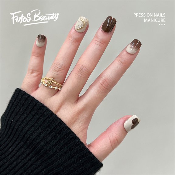 Fofosbeauty 24pcs Press on False Nails Tips, Square Fake Nails, Square Autumn Winter Vintage Brown