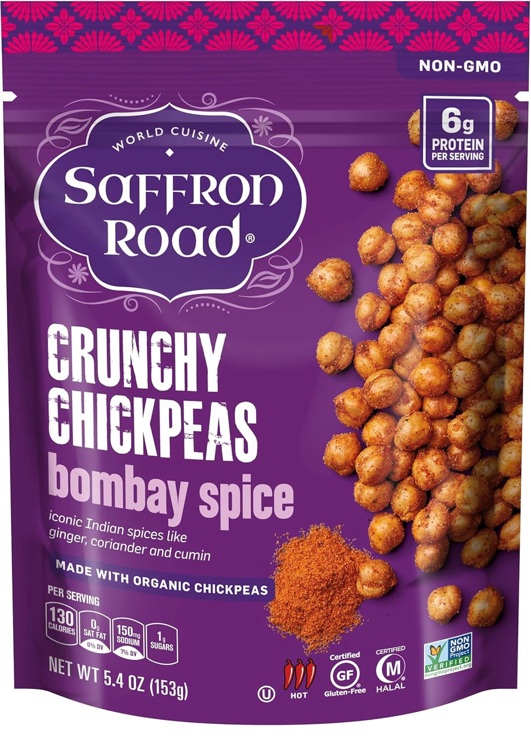 Saffron RoadOrganic Crunchy Chickpea Snacks-Gluten Free, Non-GMO, Kosher, Vegan (Bombay Spice, 5.4 oz (6 Pack))