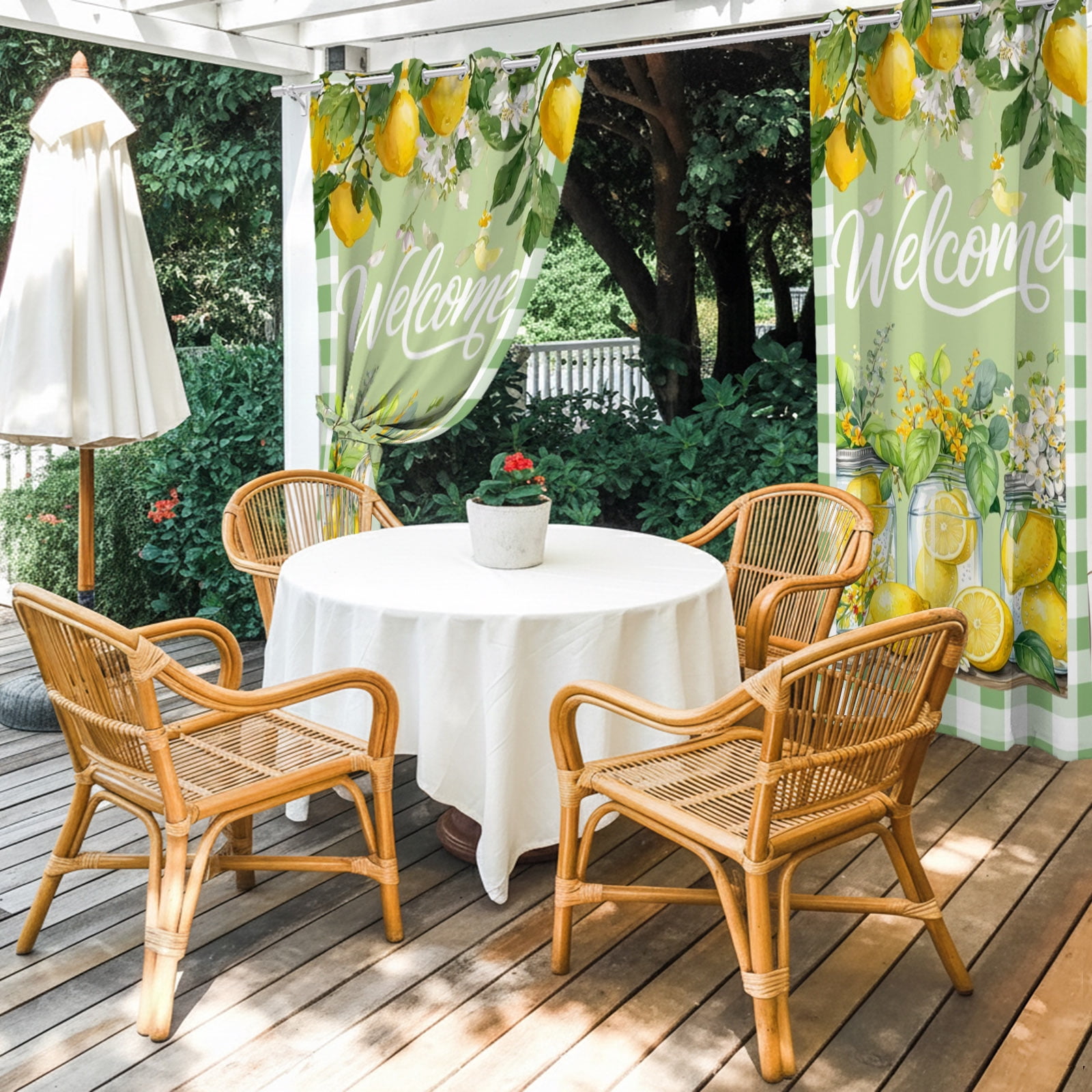 Green Lemons Outdoor Curtains for Patio, Welcome Summer Fruit Flower Botanical Plaid Sunshade Privacy Drapes Grommet Waterproof Outside Curtains for Porch/Cabana/Balcony 54"x 84", 2 Panel