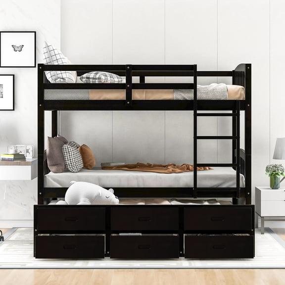 Twin over Twin Wood Bunk Bed With Trundle & 3 Drawers, Espresso 20093