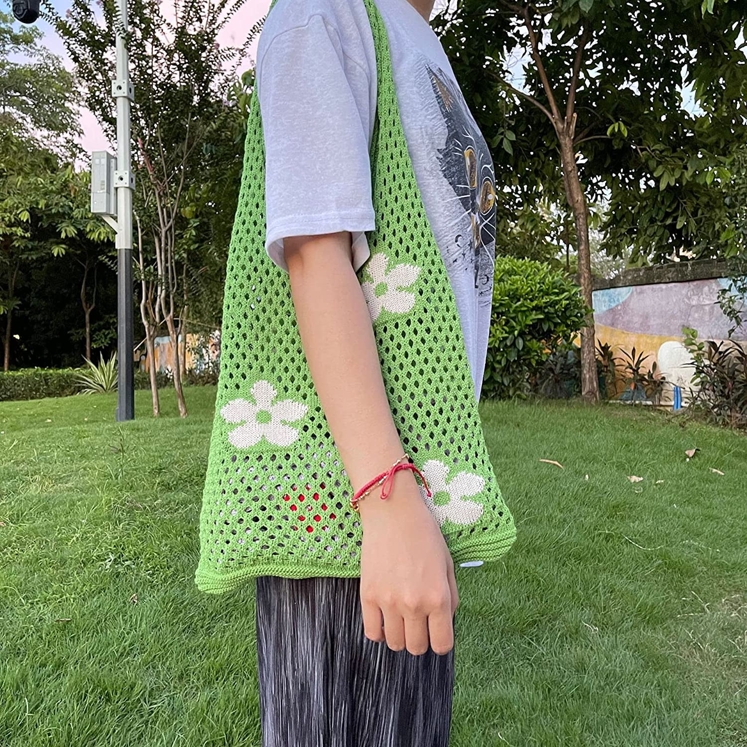 Kukuzhu Fairycore Crochet Tote Bag Y2K Grunge Knitted Shoulder Bag Flower Hollow Out Purse Cottagecore Accessories