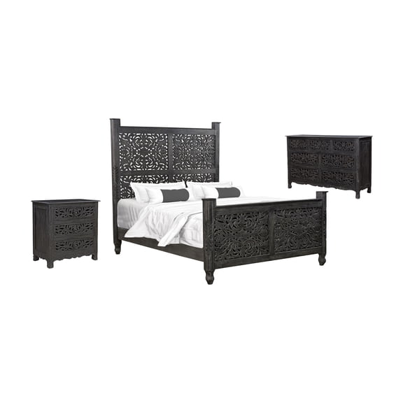 Taran Designs Monte 3-piece Floral Carved Solid Wood Bedroom Set in Black