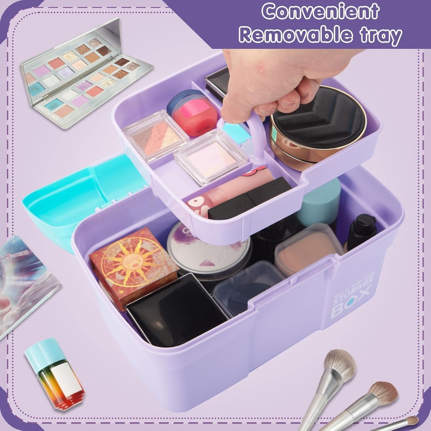 11in Mutipurpose Storage Box Organizer with Removable Tray, Portable Small Craft Organizer with Handle, Plastic Clear Tool Box Art Case for Makeup, Sewing, , Hair Accessories ( Blue)