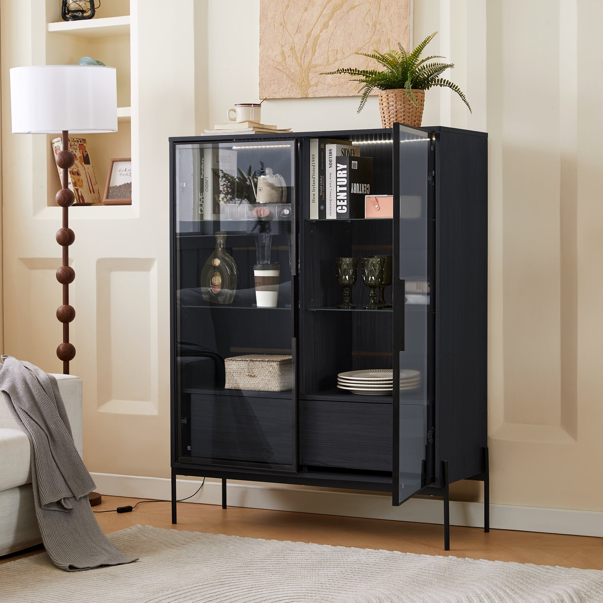 Euroco Modern LED Lighted Glass Display Cabinet with Drawers and Aluminum Frame Doors, 4 Adjustable Glass Shelves, 39.8” Wide Showcase