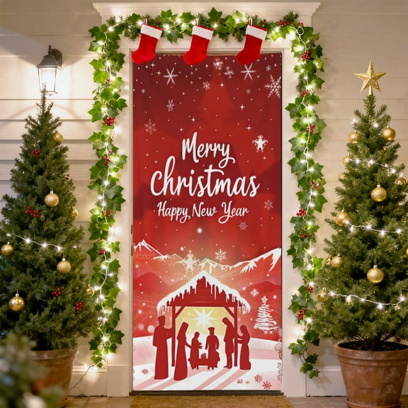 NWOKYZGH Christmas Door Cover for Front Door - Nativity Scene Xmas Decorations Jesus for the Season Banner, Large Christmas Backdrops for Photography, Party Decor Supplies