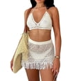 thumbnail image 3 of TRKIYQC Traje de falda de dos piezas para mujer, blusas halter con espalda abierta de color sólido blanco y falda con flecos ahuecada TRKIYQC moda, 3 of 9