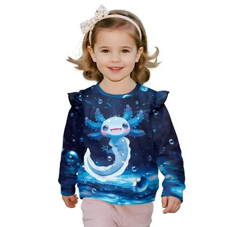 Garronmavis Blue Axolotl Pullover Sweatshirt Lightweight Long Sleeve Pullover Crewneck Tops Shirts Warm Toddler Girl Sweatshirt Clothes 2T Versatile Girl s Graphic Shirts Top for Kids