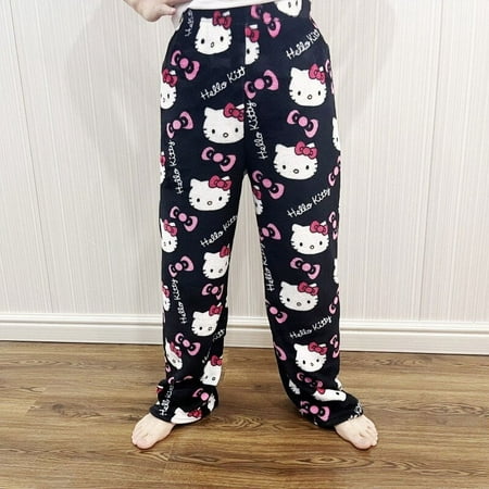 

In Stock Sanrio Hello Kitty Flannel Pajamas Black Women S Warm Woolen Cartoon Casual Home Pants In Autumn Winter Fashion Trouser