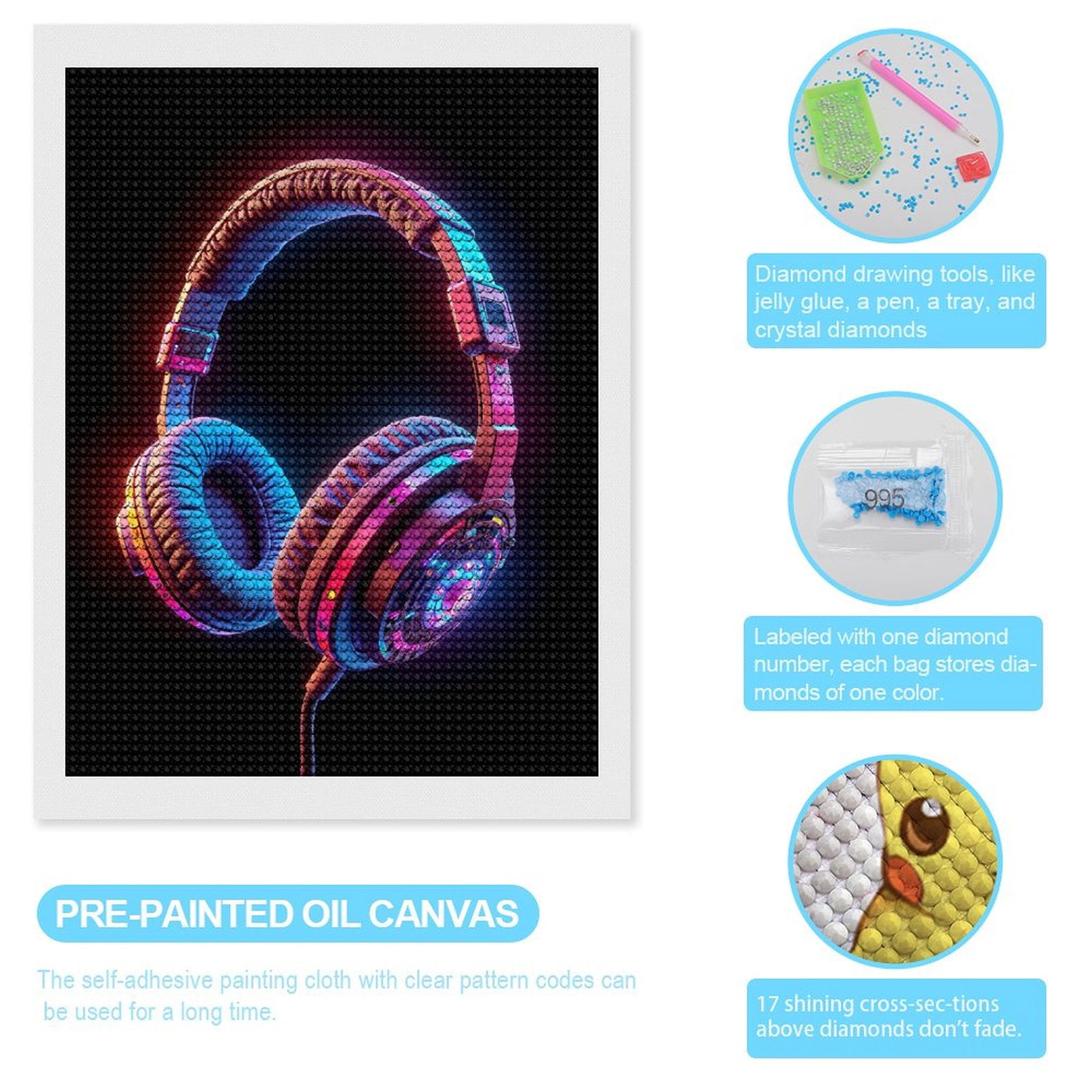 Diamond Art Kits for Adults, Futuristic Neon Glow Headphones 5D Diamond Painting Kits for Adults Beginners, DIY Full Drill Diamond Painting, Gem Art and Crafts 12x16