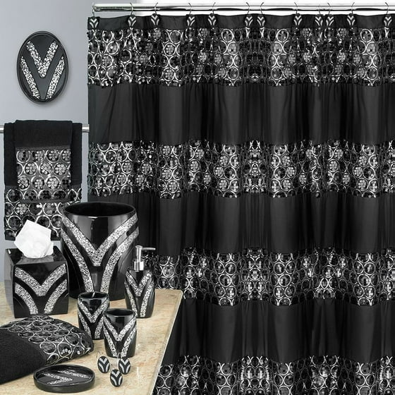 Popular Bath Sinatra Black Shower Curtain Hooks Basket Tissue Cup Soap Dish Toothbrush Lotion 8 Piece Set