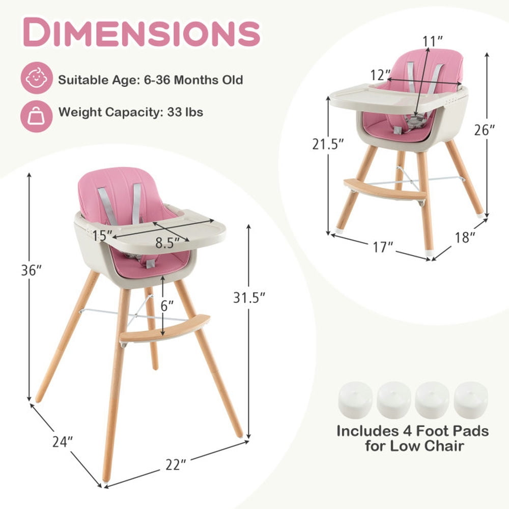 Yardi Yard 3-in-1 Convertible Wooden High Chair with Cushion-Pink, Compact and Portable High Chair, Foldable High Chair, High Chair