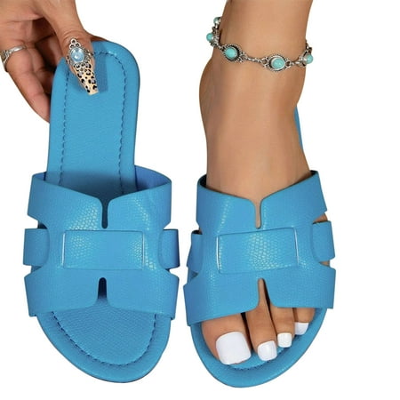 ELABCH Women s Slippers Casual Flat Sandals Solid Color Open Toe Non Slip Shoes Outdoor Versatile Slippers Dark Blue