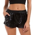 thumbnail image 2 of Fashion Women High Waist Yoga Sport Pants Shorts Shiny Metallic Pants Leggings, Solid Color Shorts Banded Waist Women's Black, 2 of 4