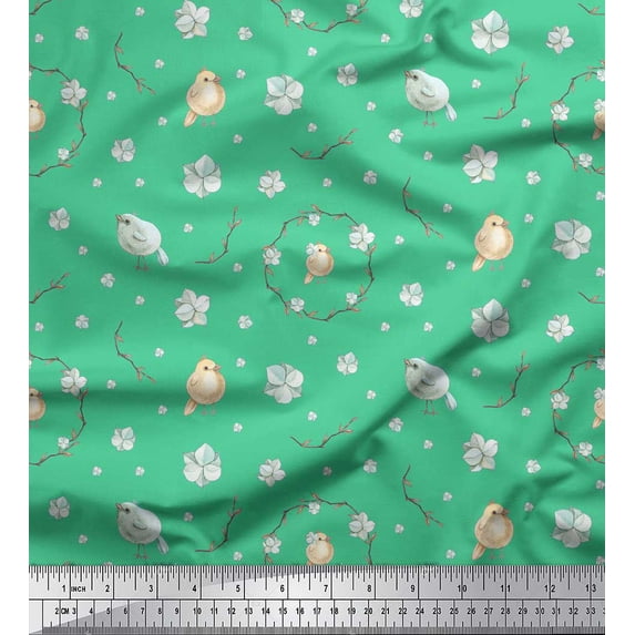 Soimoi Green Poly Georgette Fabric Wreath & Bird Print Fabric by Yard 42 Inch Wide