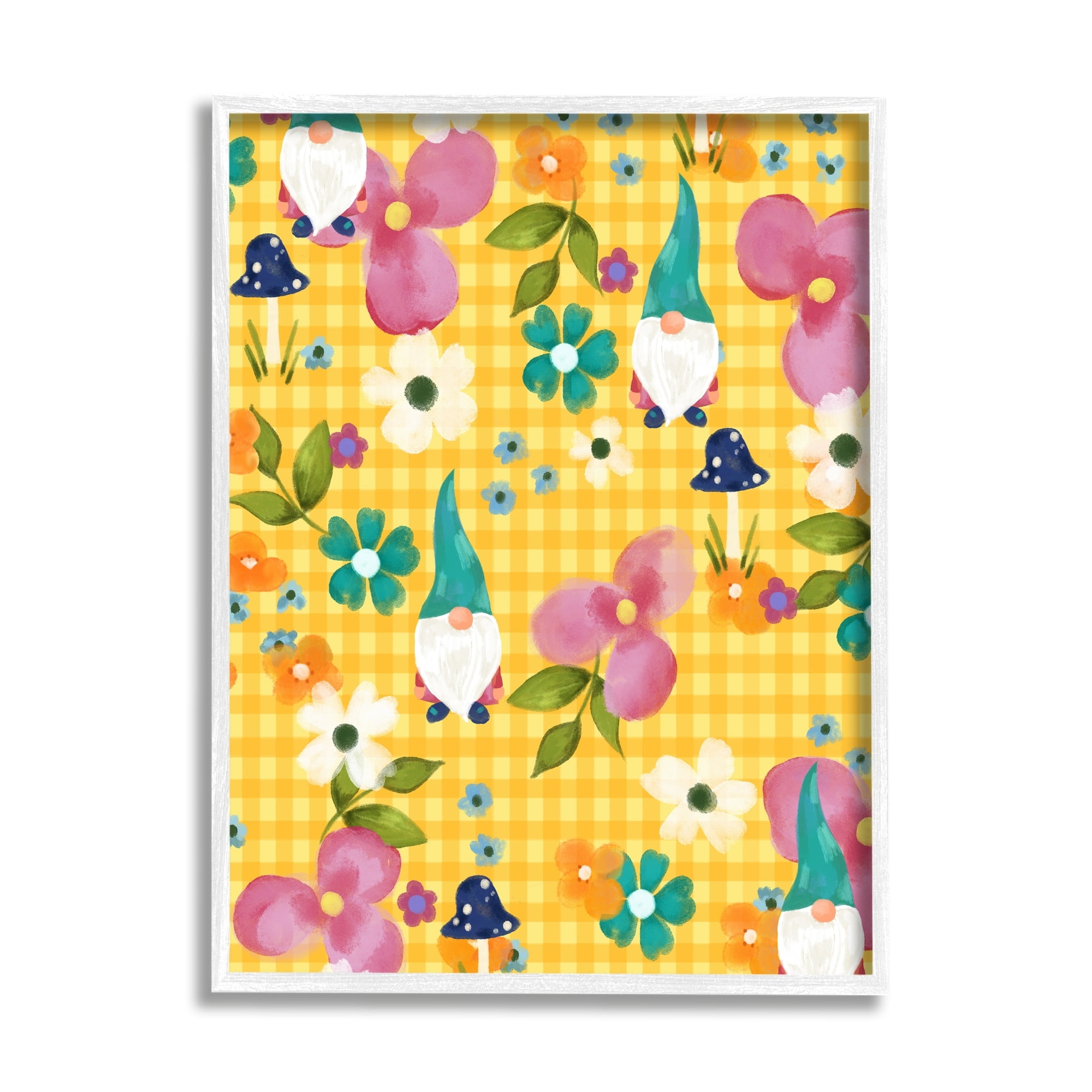 Stupell Industries Yellow Tartan Patterned Spring Gnomes Mushrooms Graphic Art White Framed Art Print Wall Art, Design by Laura Konyndyk