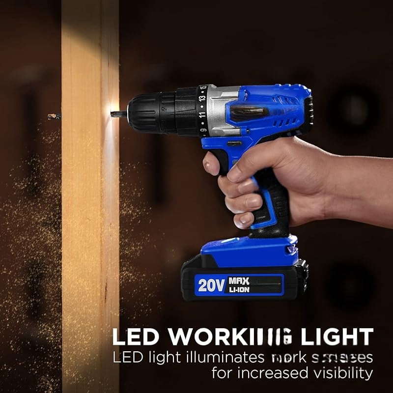 20V MAX Lithium lon Cordless Drill Set, Power Drill Kit with Battery and Charger, 3/8-Inch Keyless Chuck, Variable Speed, 16 Position and 22pcs Drill Bits (blue)