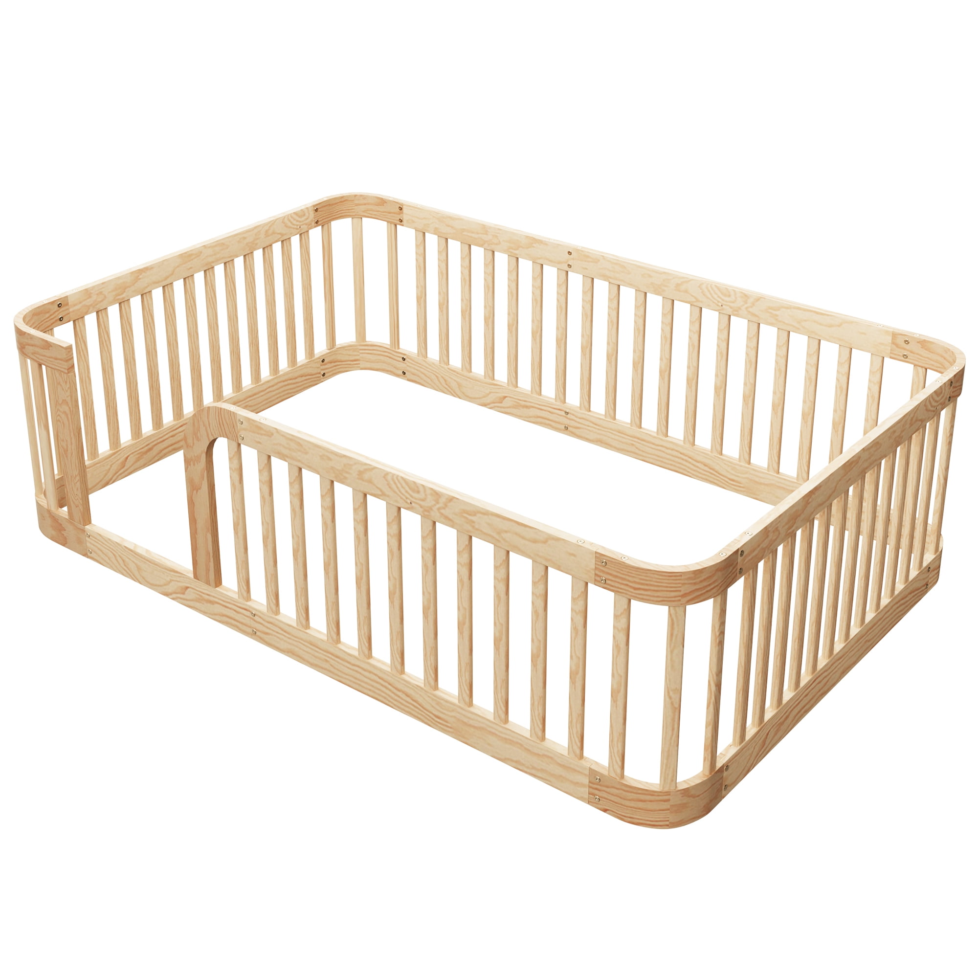 Euroco Full Size Floor Bed with Fence for Kids Teens and Toddlers, Natural