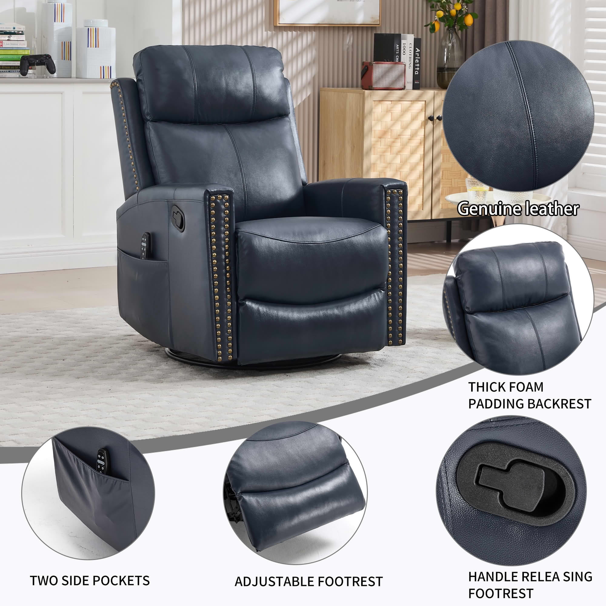 MAYEERTY Blue Genuine Leather Manual Recliner, 360° Swivel Rocker Heat Massage 31"x38"x42" for Living Room
