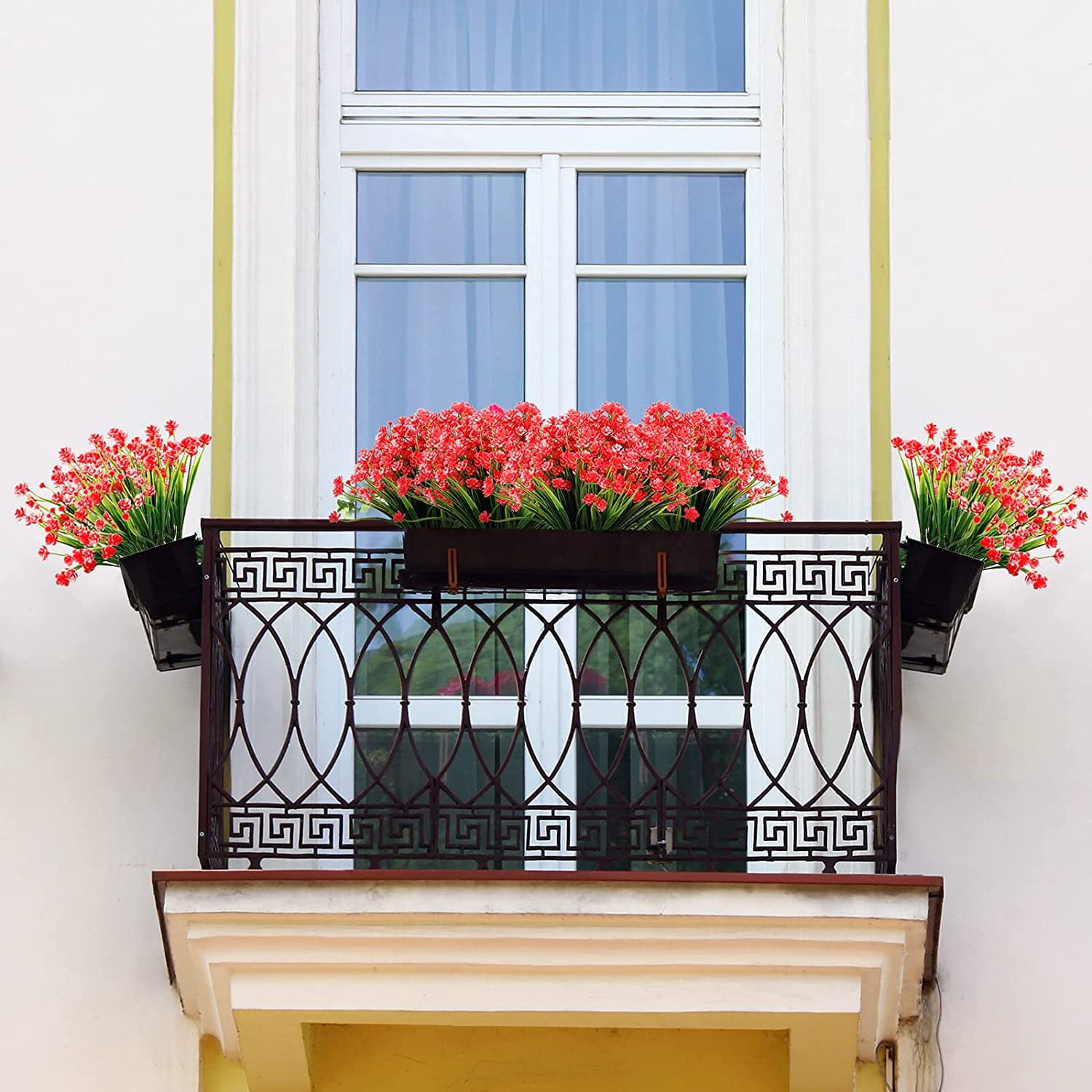 Viworld 24 Pcs Daffodil Artificial Outdoor Flowers UV Resistant Artificial Plants Fake Plastic Flowers for Decoration Faux Shrubs Plants for Garden Porch Window Box Wedding Home Farmhouse Decor(Red)