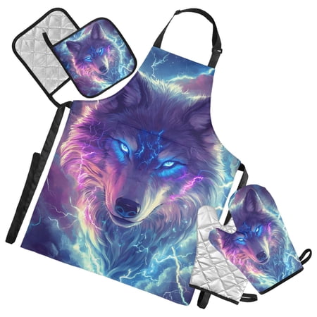 Fierce Wolf Head Clouds Lightning Apron Set with Oven Mitts Pot Holders Set of 5 Kitchen Stuff Accessories