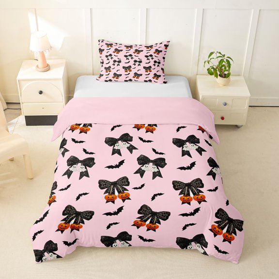 Homewish Spooky Pumpkin Ghost Twin Duvet Cover for Women, Cute Coquette Halloween Bow Twin Bedding, Pink Reversible, 2 Pieces, 1 Duvet Cover and 1 Pillowcase