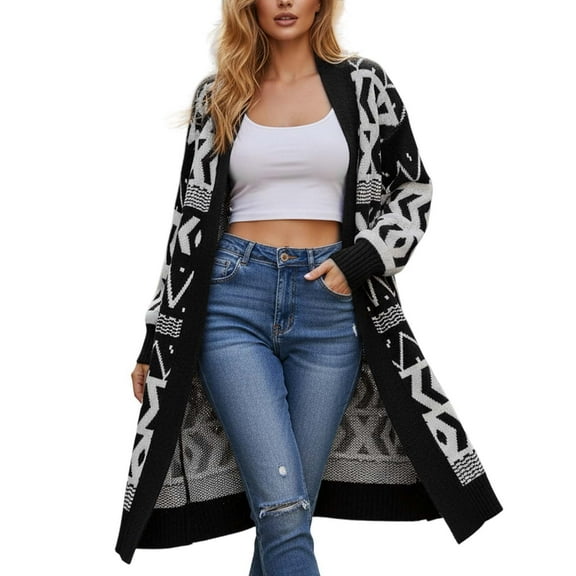 Cnbwig Womens Long Knit Cardigan Oversized Open Front Sweater Coat Floral Knitted Soft Warm Draped Outerwear for Women Black One Size