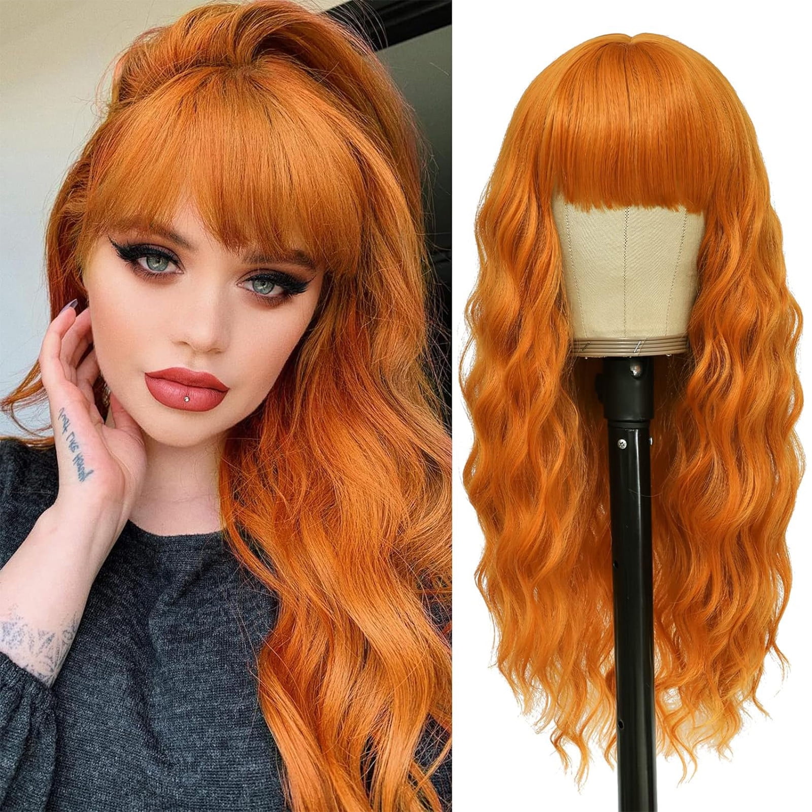 YSGFHGJW Human Hair Wig,Long Curly Wig With Bangs Hair Wig For Women Synthetic Natural Wig Various Colors Available Daily Wear Party And Cosplay Soft Wig,Orange