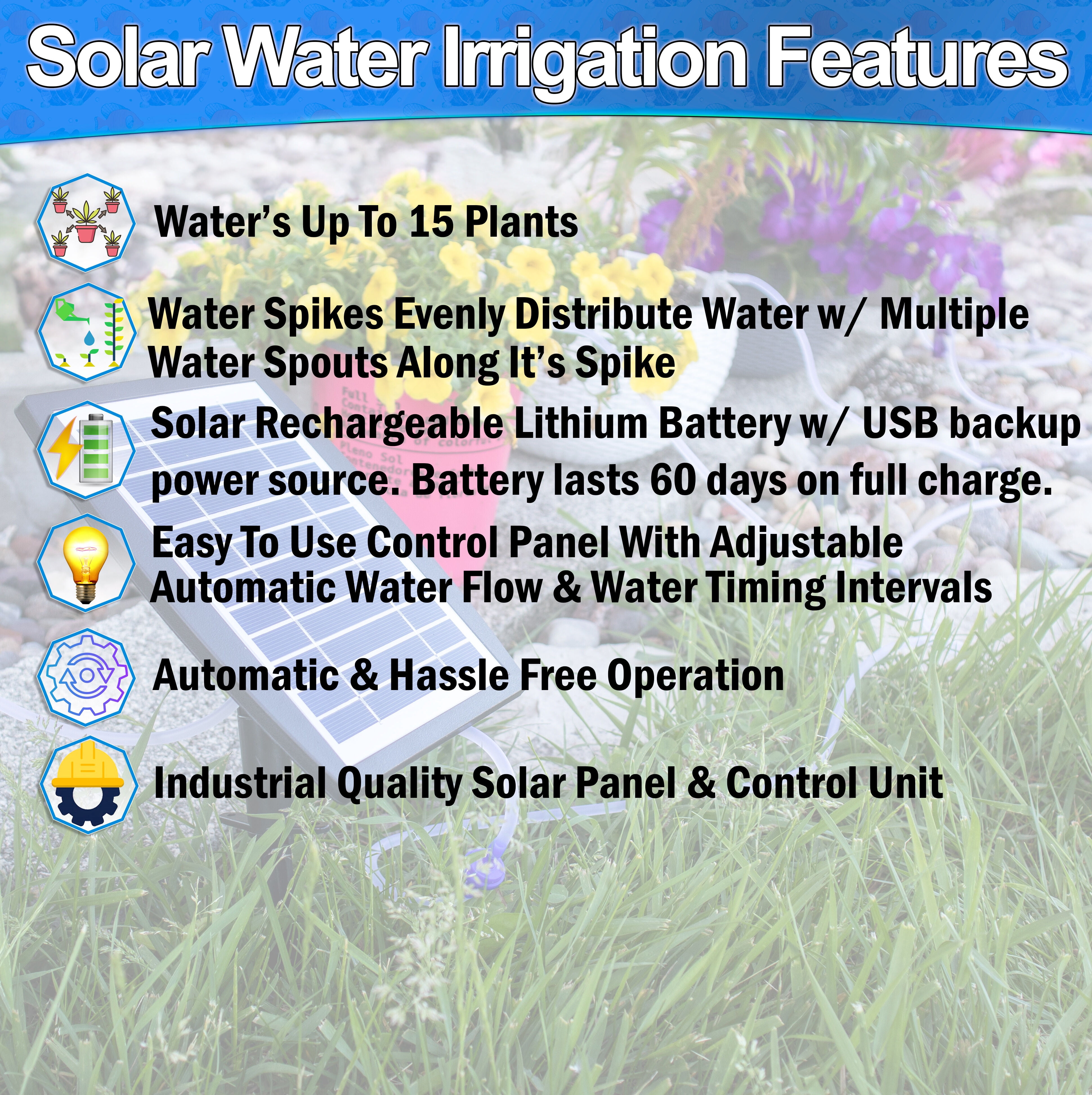 Solar Self Watering Plant Drip Irrigation System for 15 Plants Multiple Automatic Control Modes - Portable DIY Kit for Indoor/Outdoor Gardens, Patios, Balconies, and Vacation Plant Care