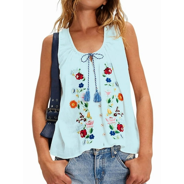 Hauts Brodés à Fleurs pour Femmes, Débardeur à Encolure en U avec Franges et Lien à l'Avant, Coupe Ample, Boho, Sans Manches, Chemises Mexicaines