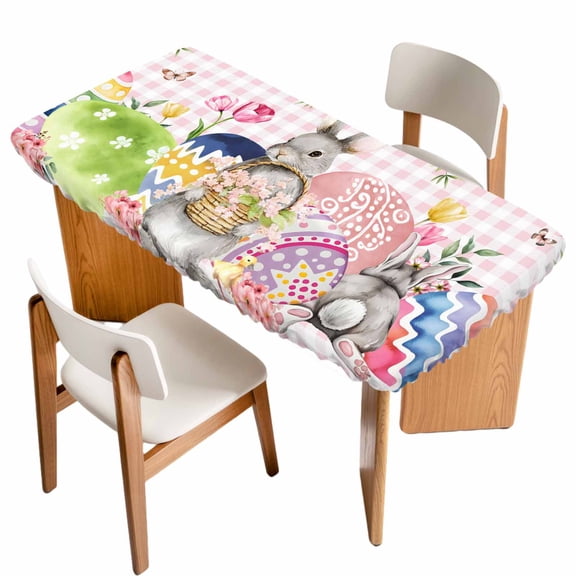 Bunny Easter Table Cloths for 6 Foot Rectangle Tables, Pink Eggs Plaid Spring Floral Farmhouse Patio Waterproof Elastic Fitted Tablecloths, Washable Rectangular Table Cover for Camping