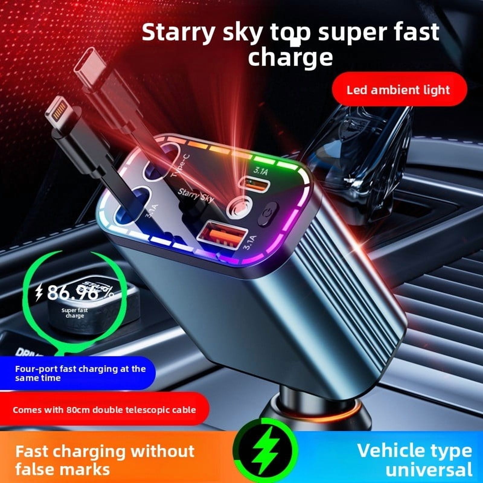 152W USB C Fast Car Charger with PD Quick Charge, 4 Port Cigarette Lighter Car Charger with Dual Retractable Cables and LED Ambient Light, for iPhone and Android