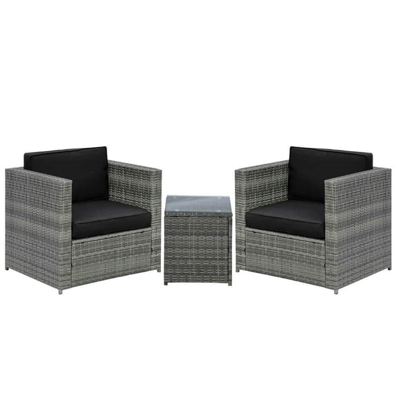 Yardi Yarda Wicker Bistro Patio Set, 2 Porch Chairs & Glass Table, Black