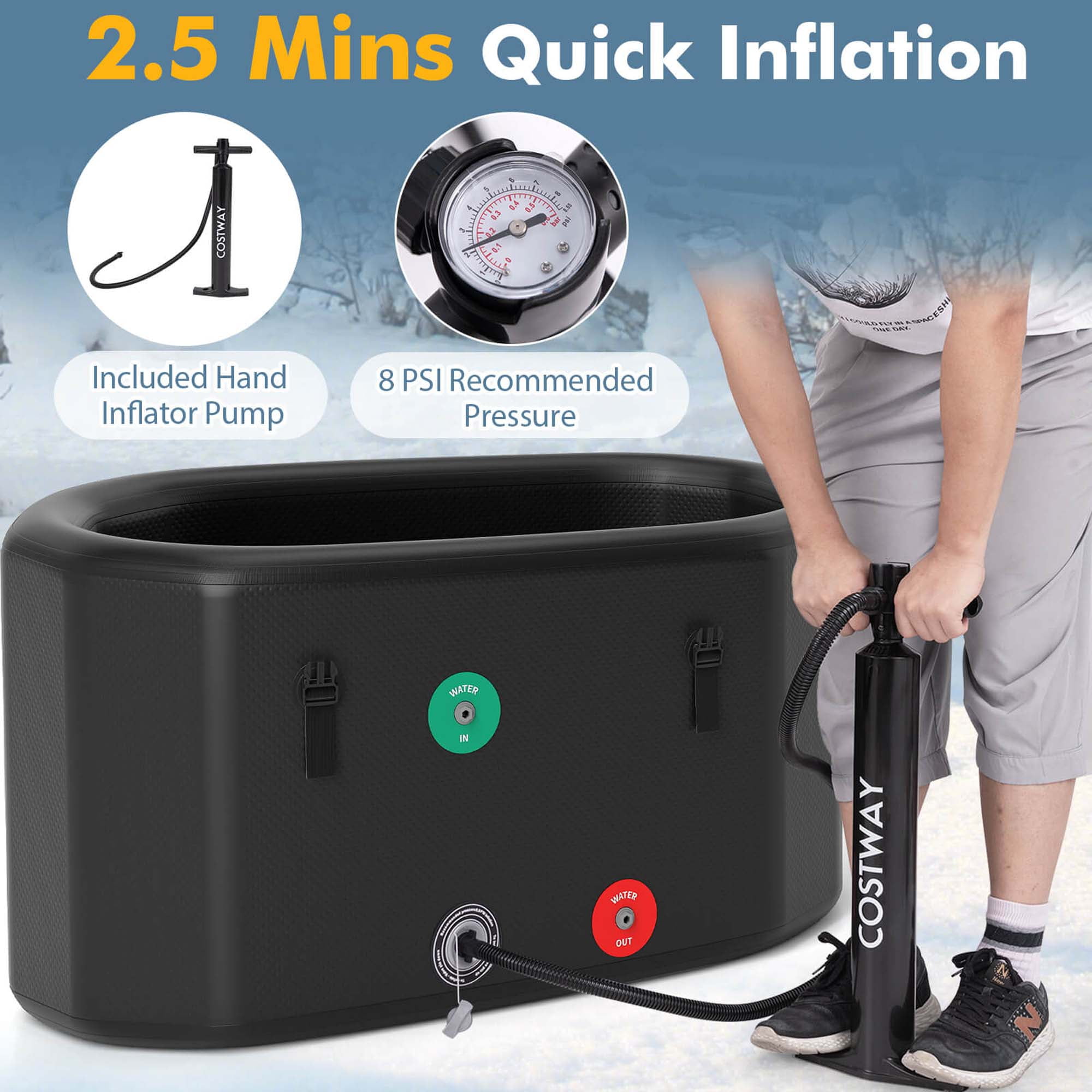 Costway XL 129 Gal Oval Ice Bath Tub for Athletes with Cover Hand Pump Backpack for Adults Black