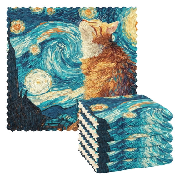 6 Pieces of Kitchen Towels 11x11Inch Kitchen Dish Cloths Kitchen Dish Towels Reuseable Cleaning Cloths Starry Night Cat