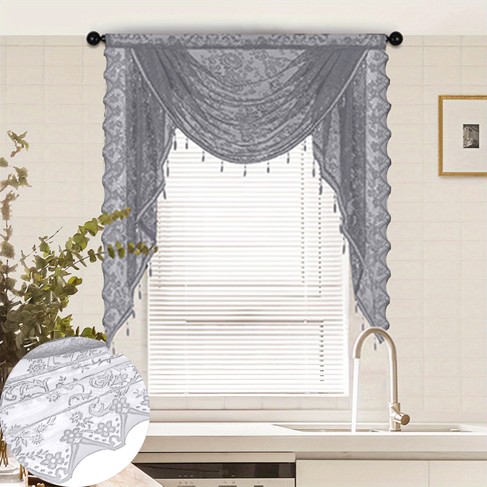 Yesbay Black Beaded Lace Waterfall Valance Lightweight Breathable Easy Installation Luxurious Small Window Semi Sheer Swag Waterfall Valance