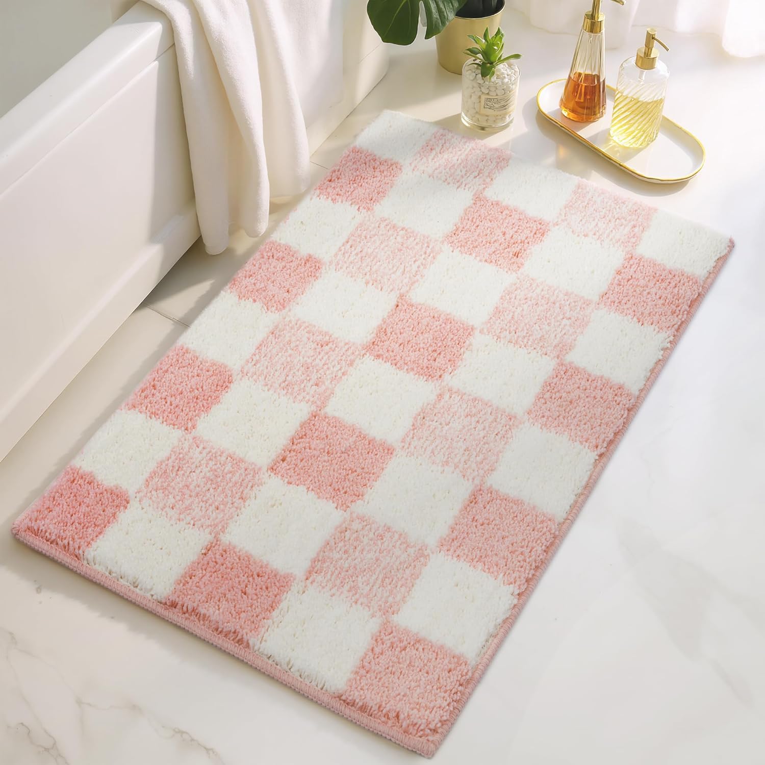 GRANNY SAYS Bathroom Rug, Checkered Bath Mat, Microfiber Non Slip Washable Shower Mat, 32" x 20", Pink