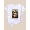 thumbnail image 3 of Chic Mona Lisa & Kitten Print T-Shirt for Women - Casual Round Neck, Short Sleeve Top, Breathable Polyester, Machine Washable - Perfect for Spring/Summer/Fall, 3 of 7