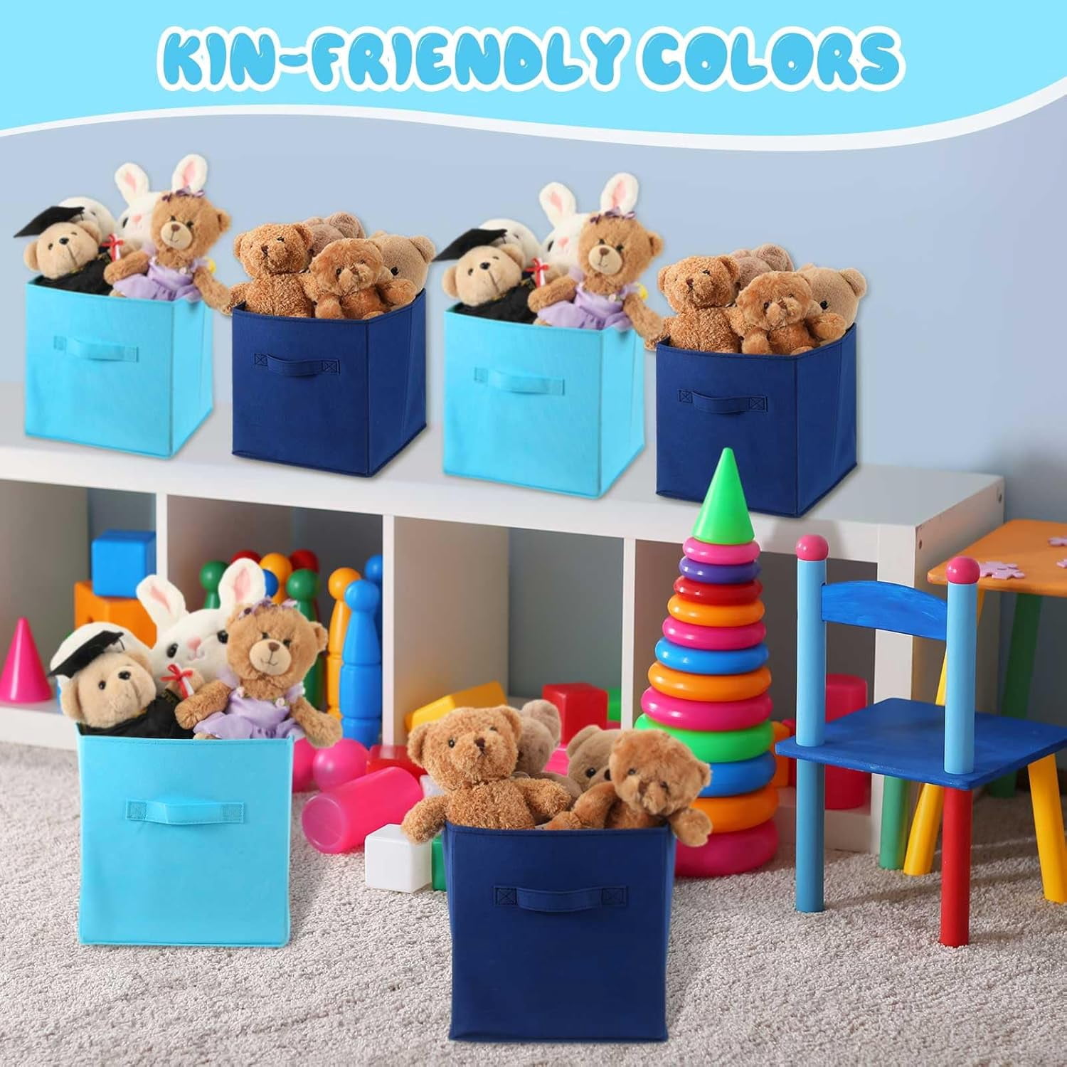 12 Pcs Cube Storage Bin 11'' Collapsible Storage Cubes for Classroom Foldable Cube Storage Organizer Bins Fabric Bins Storage Basket Fabric Cubby Boxes for Shelf(Dark Blue, Light Blue)