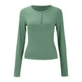 thumbnail image 4 of Green Women's Long Sleeve T-shirt, 2023 Long Sleeve Shirts For Women V Neck Henley Tops Slim Fit Basic Ribbed Knit Button Down T Shirts Tops,Women's Long sleeve T-shirt XL, 4 of 6