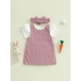 thumbnail image 5 of Baby Toddler Girl Easter Outfit 3 6 12 18 Months Solid Short Sleeve Romper Bunny Overall Dress Tie-up Headband 3 Pcs Clothing Set, 5 of 9
